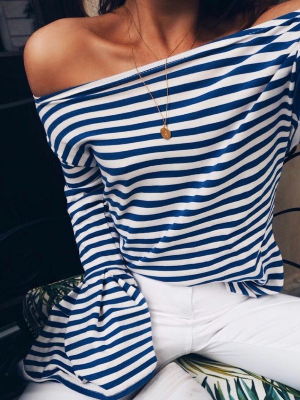 Club Monaco Navy and White Striped Off-Shoulder Bell Sleeve Top